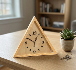Horloge murale triangulaire en bois de style Art déco moderne, faite à la main, de luxe, pour la décoration de mariage, de maison, de bureau ou de salon - Product Image 6