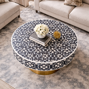 Modern Round Bone Inlay <b>Coffee</b> <b>Table</b> with Floral Pattern and Metal Base for Living Room Home Furniture Decor - Product Image 2