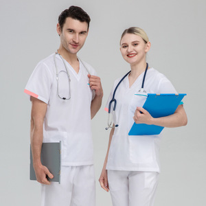 Custom <b>Womens</b> V Neck Medical Scrub Set Short Sleeve Top Matching Multi Pocket Cargo Scrub Pants Wholesale - Product Image 4