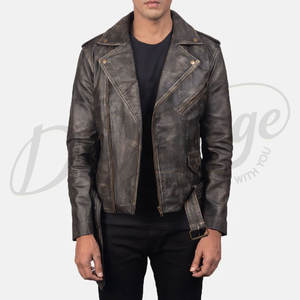 Chaqueta de Motociclista de Cuero Marrón Desgastado para Hombre, Chaqueta de Moda de Motociclista con Cierre Asimétrico y Cinturón, Piel de Oveja Genuina de Primera Calidad - Product Image 3