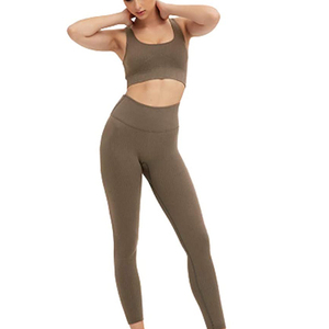 Ribbed Yoga Set High Waist Full Length Leggings Scoop Neck Racerback Sports <b>Bra</b> Seamless Breathable Solid Color 2 Piece Set - Product Image 1