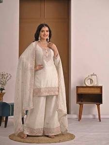 Women's Ivory Embroidered Modern Pakistani Summer/Winter Ethnic Party Wear Salwar Kameez Set with Organza Dupatta - Product Image 1