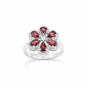 Anillo de Plata de Ley 925 con Granate en Forma de Flor, Diseño de Borde de Cuerda con Gema en Forma de Pera, Chapado en Oro de 1 Micrón y Rodio, Anillo de Diseñador - Product Image 5