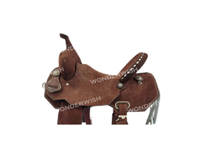 อานม้าหนังแท้สีน้ำตาลพร้อมโครงไฟเบอร์และชุดอุปกรณ์ขี่ม้าแบบตะวันตก ขนาด 10-18 นิ้ว หนังย้อมสีแบบดรัม ดีไซน์แบบ Rough Out - Product Image 2