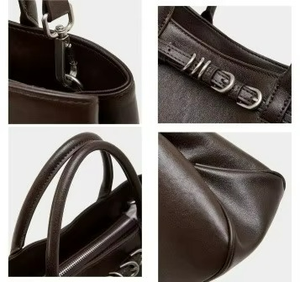 Sac fourre-tout portable en cuir véritable, style vintage, couleur unie, antivol, sac à bandoulière, fermeture ouverte, été, automne, toutes saisons - Product Image 4