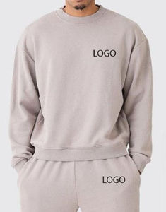 Sudadera de Cuello Redondo Beige Sólido para Hombre con Logotipo Personalizado y Pantalones Deportivos a Juego, Conjunto Deportivo OEM ODM, Ropa al por Mayor - Product Image 4
