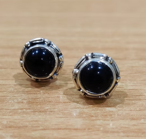 Black Onyx <b>Stud</b> Gemstone Earrings Bezel Setting Trendy Hoop Design 925 <b>Sterling</b> <b>Silver</b> Everyday Wear Jewelry - Product Image 2