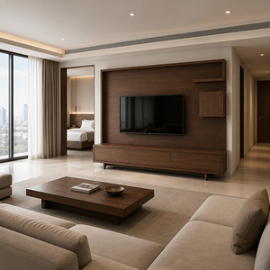 Custom Modern Teak Wood <b>TV</b> Wall Panel and Media Console for Hotel Home Apartment Villa and Large Interior Projects - Product Image 3