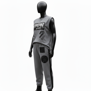 ชุดออกกำลังกายผู้หญิงแบบไม่มีแขน ผ้าฝ้ายผสมโพลีเอสเตอร์ถัก สีเทา-ดำ แต่งแถบสีตัดกัน พร้อมป้ายยางโลโก้แบบกำหนดเอง - Product Image 4