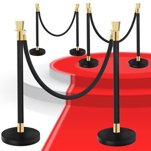 Set di 6 Pali in Acciaio Inox Nero con Tappeto Rosso da 1,5m e Corda in Velluto, Pali Neri per Teatri e Feste, Supporti per Striscioni - Product Image 2