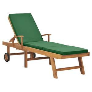 Chaise longue en teck avec coussin vert, mobilier de relaxation haut de gamme pour l'extérieur - Product Image 1