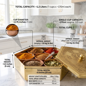 Caja de Masala de Latón Hecha a Mano con 7 Recipientes para Especias, Organizador de Especias Indio Grabado, Masala Dabba para Cocina, Venta al Por Mayor OEM - Product Image 5