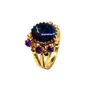 Anillo Clásico de Plata de Ley 925 Chapado en Oro con Ópalo Negro y Turmalina para Mujer, Joyería para Bodas - Product Image 3