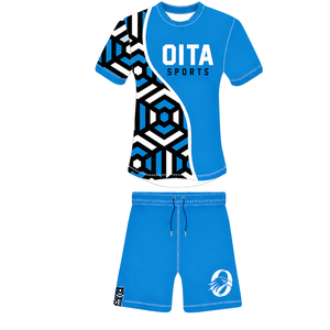 Ensemble short et maillot de rugby géométrique bleu vif, noir et blanc, à manches courtes, col rond, personnalisable, respirant, pour l'entraînement et les sports d'équipe - Product Image 1