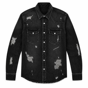 Chemise en jean déchirée et vieillie pour homme, style streetwear, surchemise décontractée en coton lavé, veste de travail vintage personnalisée - Product Image 4