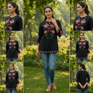 Blusa Túnica Negra para Mujer con Bordado Floral, Manga Tres Cuartos, Corte Holgado, Estilo Étnico Casual con Cuello Atado, para Uso Diario - Product Image 3