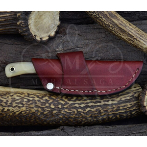Couteau de chasse artisanal en acier Damas, manche en os de bœuf, étui de cowboy - Product Image 4