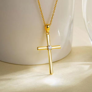 Collier pendentif croix orthodoxe plaqué or 18 carats avec pierre diamantée, chaîne en acier inoxydable, unisexe, mariage, certifié IGI, classique - Product Image 1