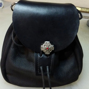 Vintage Black Vegan Leather <b>Drawstring</b> Sporran Medieval Celtic <b>Pouch</b> for Kilt, Costume, and Daily Wear - Product Image 3