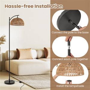Lampada da Terra a LED in Metallo Nero con Corda di Carta, Interruttore a Pedale, Base Stabile, Test di Stabilità a 8 Gradi, Paralume Dorato, Funzione Illuminazione - Product Image 6