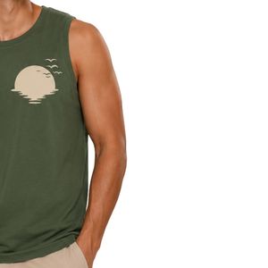 Camiseta sin Mangas Verde Oliva con Diseño Gráfico Minimalista de Pájaros al Atardecer, Chaleco Personalizado de Algodón para Hombre, Cuello Redondo, Verano, Casual - Product Image 4