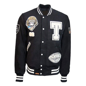Men's Black Varsity Jacket With Embroidered Letter T And Patch Designs Preppy Style Autumn Wear - Product Image 1