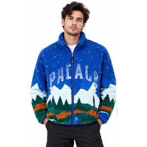 <b>Men's</b> Blue Fleece <b>Jacket</b> With Mountain Print Zipper Stand Collar Thick Winter Wear Casual Style <b>Sherpa</b> Lining - Product Image 2