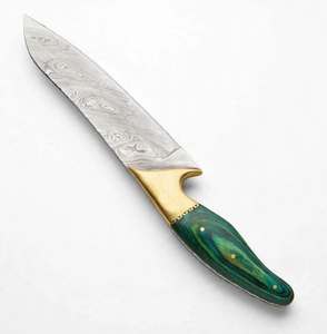 Handmade Damascus Steel Chef Knife Green Wood Handle Brass Bolster Kitchen Slicing Knife - Product Image 5