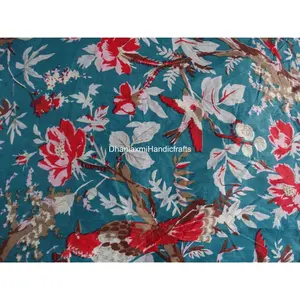 Sky Blue Birds Print Luxury Fabric Wholesale Indian Handmade Design Custom Cotton Printed Fabric Garments