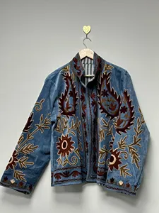 <b>Women</b> Sky Blue <b>Velvet</b> Suzani Embroidered <b>Jacket</b> with Floral Pattern Full Sleeve Stand Collar Bohemian <b>Women's</b> Autumn Coat - Product Image 4