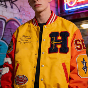 Custom High Street <b>Patchwork</b> Varsity <b>Jacket</b> Lightweight Wool Letterman <b>Jacket</b> Front Button Embroidery <b>Jacket</b> - Product Image 2