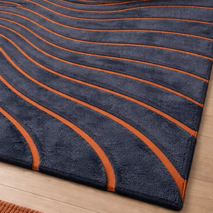 Tapis d'intérieur moderne en laine bleu foncé et rouille, tapis abstrait tufté à la main, tapis de décoration contemporain pour salon - Product Image 1