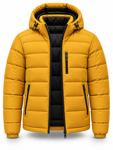 Men's Hooded <b>Puffer</b> <b>Jacket</b> Solid <b>Yellow</b> Polyester Wadding Waterproof Windproof Zipper Closure Casual Winter Custom Logo - Product Image 3