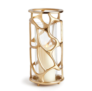 Lanterne cylindrique dorée haute avec un élégant motif en treillis ovale et une cheminée en verre. Disponible aux prix de gros. - Product Image 4