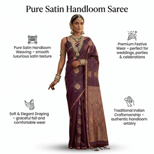 Sari de satén puro tejido a mano con borde de zari dorado |   Sari Étnico de Lujo para Mujer, Ideal para Bodas y Fiestas Tradicionales - Product Image 5