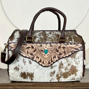 Sacs de voyage en cuir de vachette de qualité supérieure, personnalisés, style western, grande capacité de 15 pouces, motif floral, pierre turquoise, sac de week-end - Product Image 5