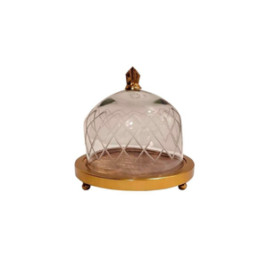 Round <b>Wooden</b> <b>Cake</b> Stand with Glass Dome | Wood Cheese Cloche Board Display Platter with Brass Feet Server Dish - Product Image 1