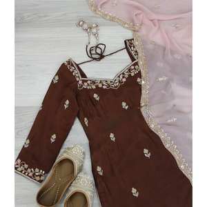 Ensemble haut-pantalon palazzo et dupatta en mousseline de soie marron SRK Designer avec broderies, taille M, élégant et stylé - Product Image 1