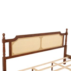 King <b>Pine</b> Walnut Wooden <b>Bed</b> with Rattan Headboard and Footboard Enhanced Central <b>Bed</b> Platform - Product Image 6