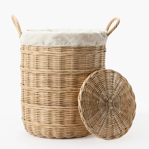 Wide <b>rectangular</b> fine-woven rattan laundry <b>basket</b> with integrated side handles, available at wholesale prices. - Product Image 3