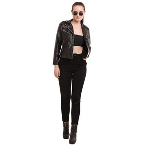Veste en cuir d'agneau noir pour femme, nouvelle mode, hiver, style motard, avec fermeture éclair et col rabattable - Product Image 4