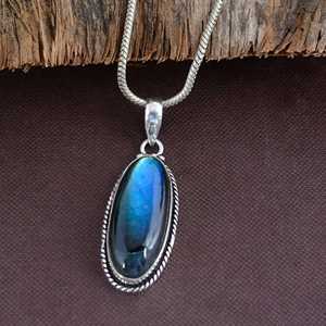 SHYAM JEWELRS Collar con Colgante de Labradorita de Plata 925, Perla de Agua Dulce Azul, Engaste Ovalado, Certificado IGI, Estilo Bohemia, Serpiente - Product Image 1