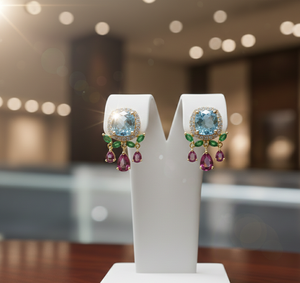 Boucles d'oreilles en argent sterling 925 plaqué or 18 carats avec topaze bleue, améthyste bleue hydro et zircon cubique vert, 10 mm, 12 g, cadeau pour elle - Product Image 1