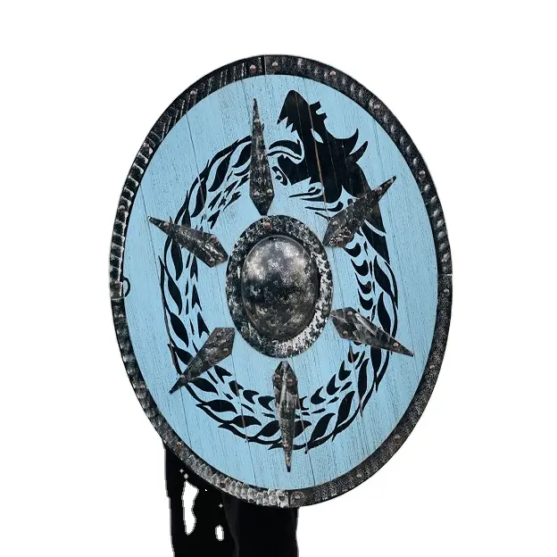 Proveedor al por mayor de escudo de madera redondo medieval, escudo vikingo de madera para juegos, decoración histórica de la sala de batalla con precio barato
