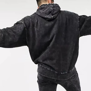 Sudadera con Capucha Negra Lavada de Corte Holgado para Hombre, Diseño de Bolsillo de Color Sólido, Tejido de Punto, Manga Larga, para Otoño - Product Image 5