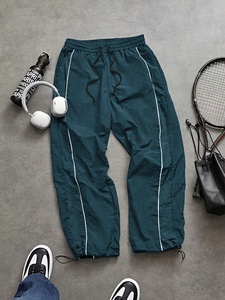 Pantalon de survêtement en coton vert sarcelle pour homme, taille élastique, bande latérale, décontracté, léger, tissé, respirant, pour l'été - Product Image 6