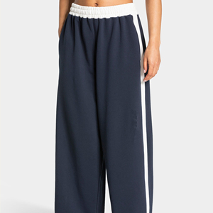 Pantalon large bleu marine pour femme, taille haute élastique, rayures latérales, coupe décontractée ample, longueur complète, en tricot de spandex et polyester - Product Image 1