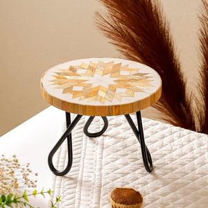 Support à gâteau rond en bois avec incrustations géométriques, présentoir à desserts, plateau de service sur pieds métalliques pour fêtes et décoration intérieure - Product Image 3