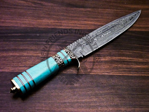 มีดล่าสัตว์เหล็กดามัสกัสแบบกำหนดเองรุ่นใหม่ล่าสุด ขนาด 13 นิ้ว พร้อมด้ามทองเหลือง คมกริบ ใบมีดคงที่ แบบโบวี่ มีดเอาตัวรอด - Product Image 3