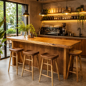Modern Rustic Solid Suar Wood Jepara Artisan Commercial Bar <b>Stool</b> Durable Curved Seat Counter <b>Dining</b> Farmhouse Home Bar Hotel - Product Image 5